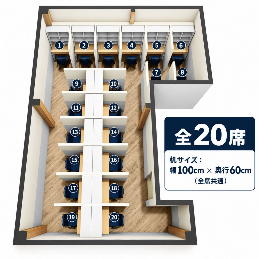 勉強カフェ大阪江坂ANNEXの座席紹介